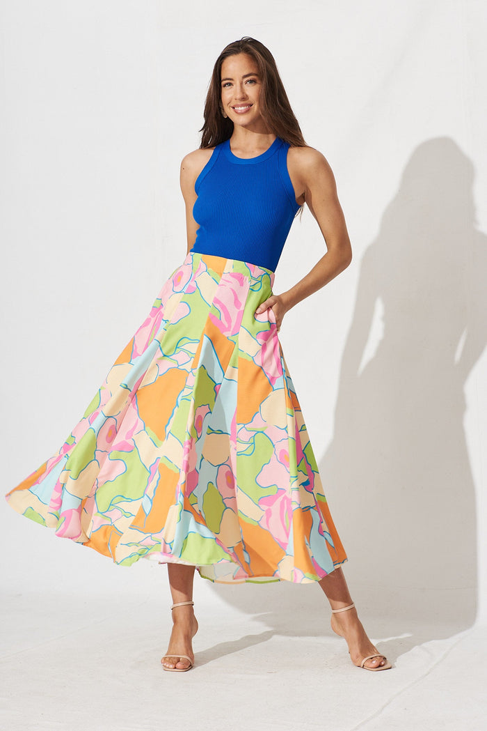 Stacy Midi Skirt In Green With Multi Floral Linen Blend - full length