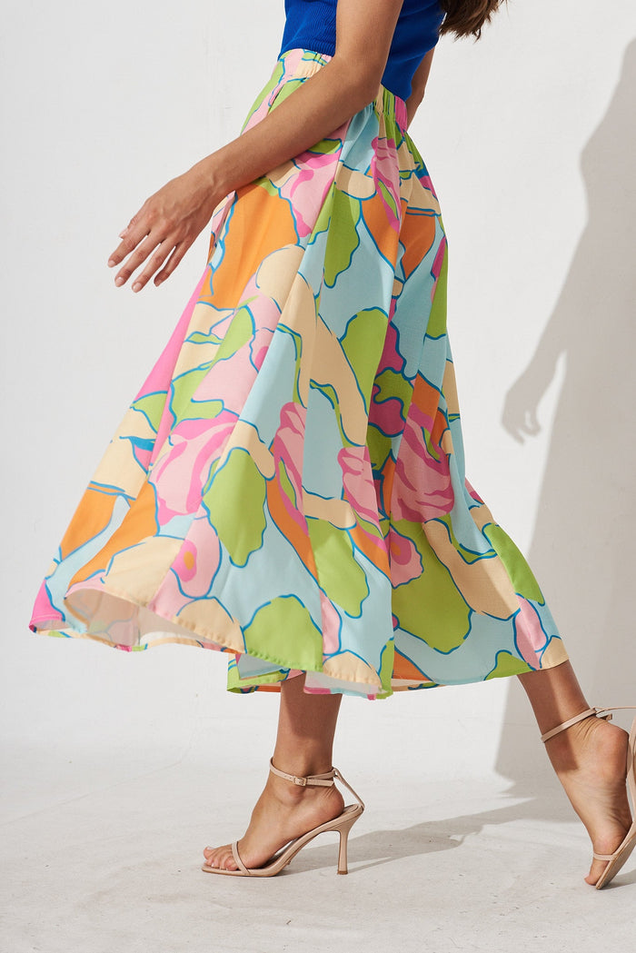 Stacy Midi Skirt In Green With Multi Floral Linen Blend - side