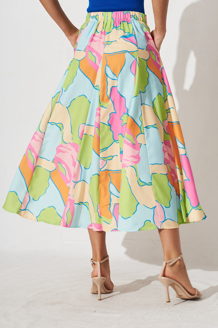 Stacy Midi Skirt In Green With Multi Floral Linen Blend - back