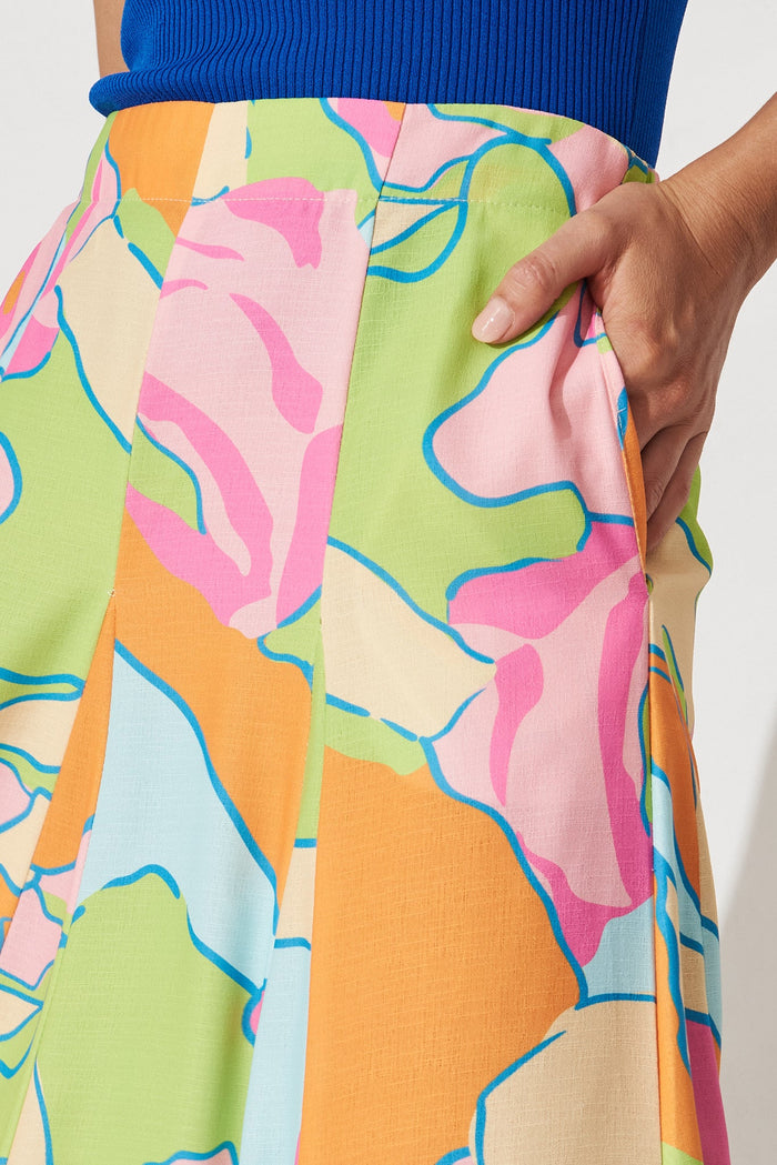 Stacy Midi Skirt In Green With Multi Floral Linen Blend - detail