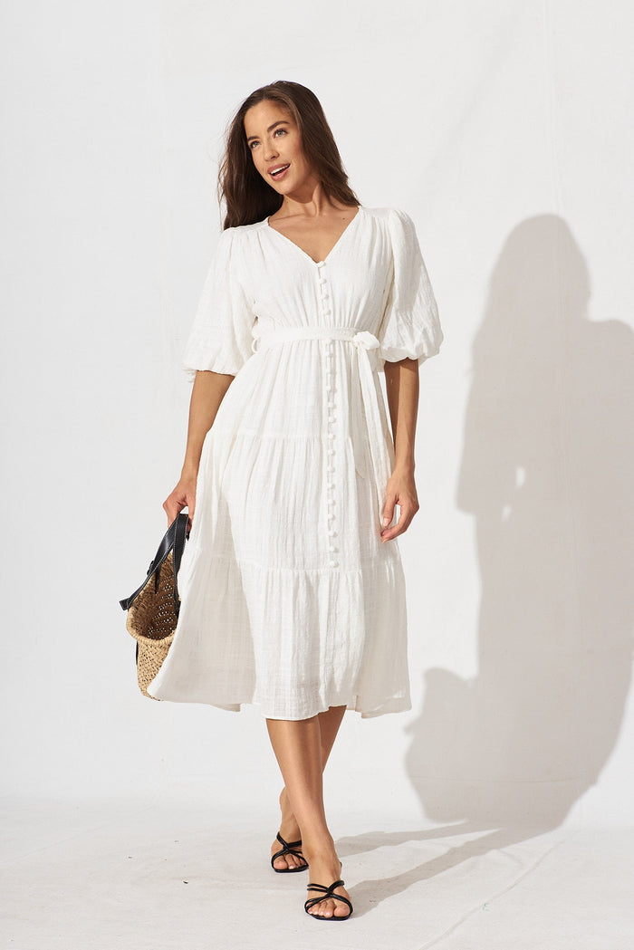 Delina Midi Dress In White Cotton - full length