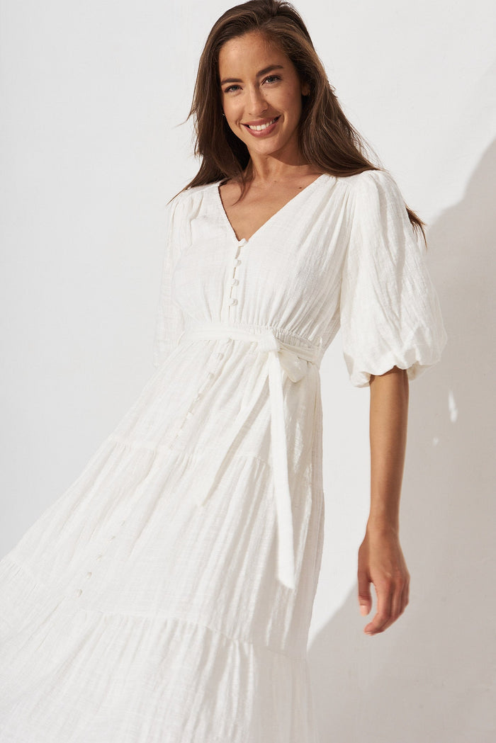 Delina Midi Dress In White Cotton - front