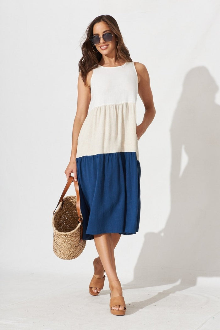 Cecily Midi Dress In Navy Linen Blend Colourblock - St Frock (Dev)