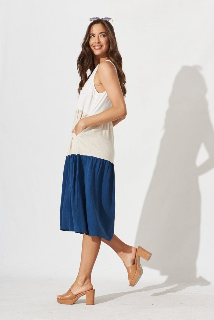 Cecily Midi Dress In Navy Linen Blend Colourblock - St Frock (Dev)