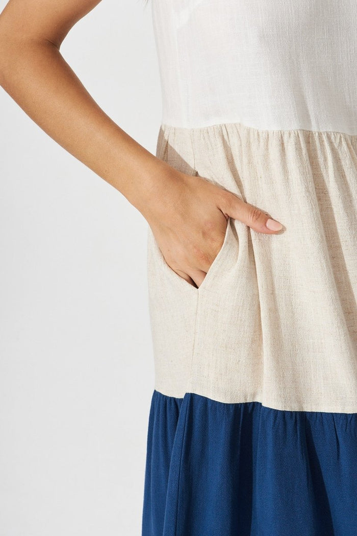 Cecily Midi Dress In Navy Linen Blend Colourblock - St Frock (Dev)