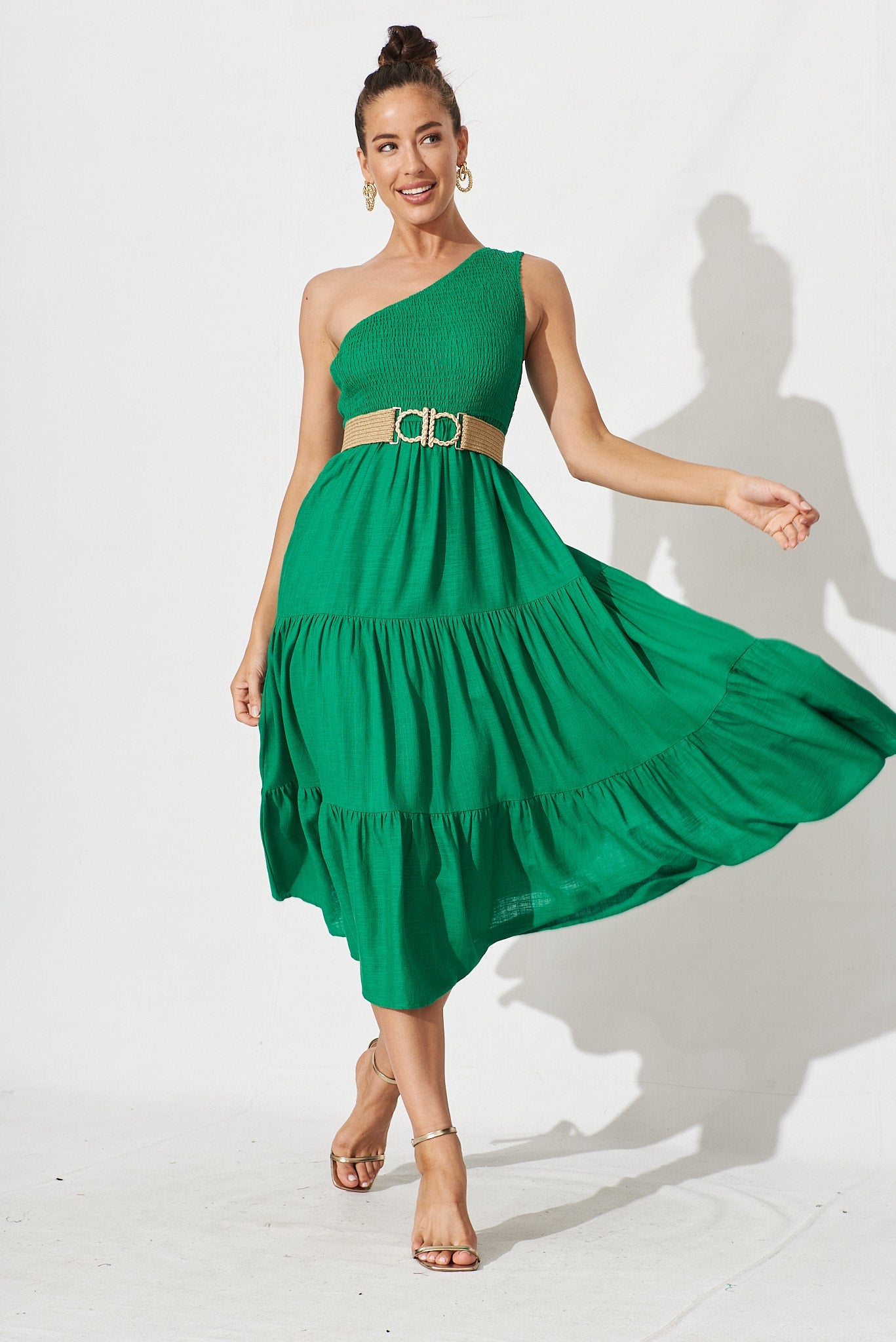 Hannary Midi Dress In Green Linen Blend - full length