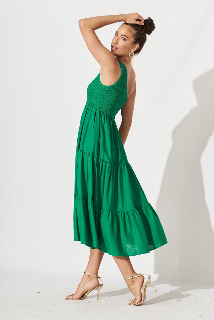 Hannary Midi Dress In Green Linen Blend - left  side