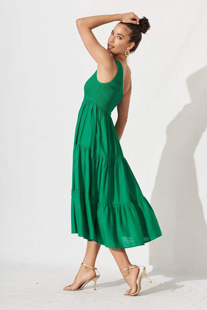 Hannary Midi Dress In Green Linen Blend - left  side