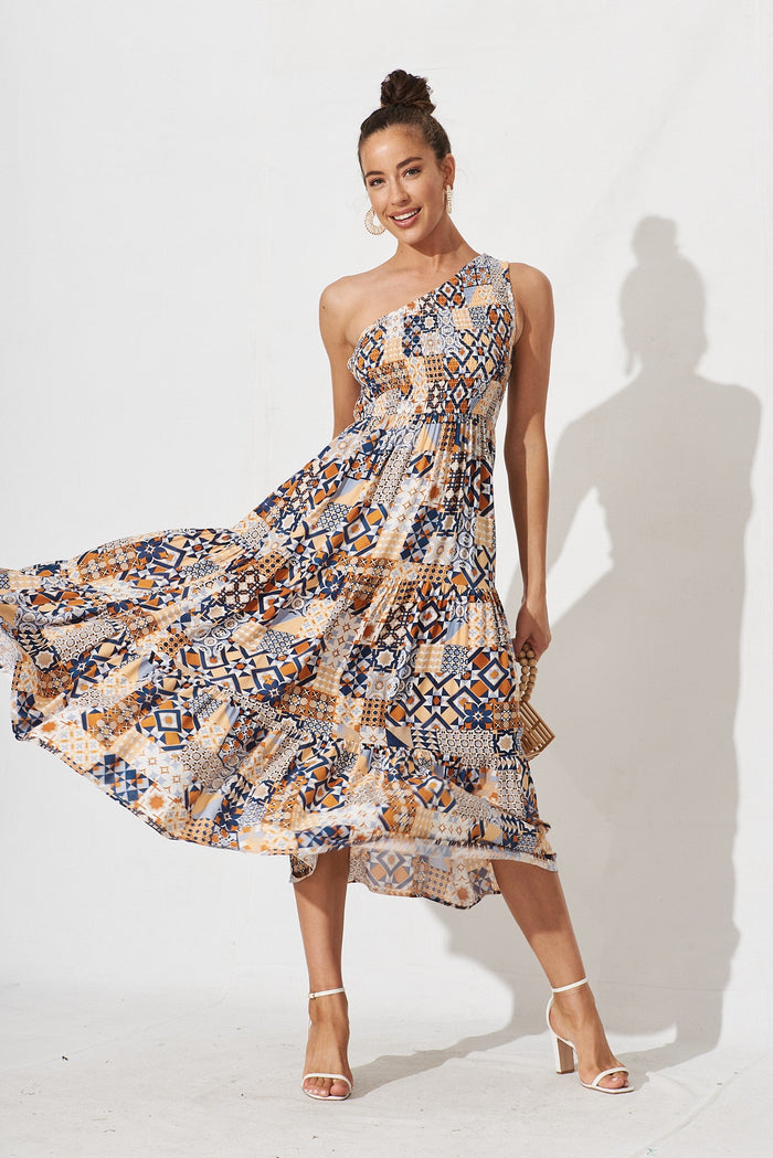 Hannary Midi Dress In Blue Tile Print - full length