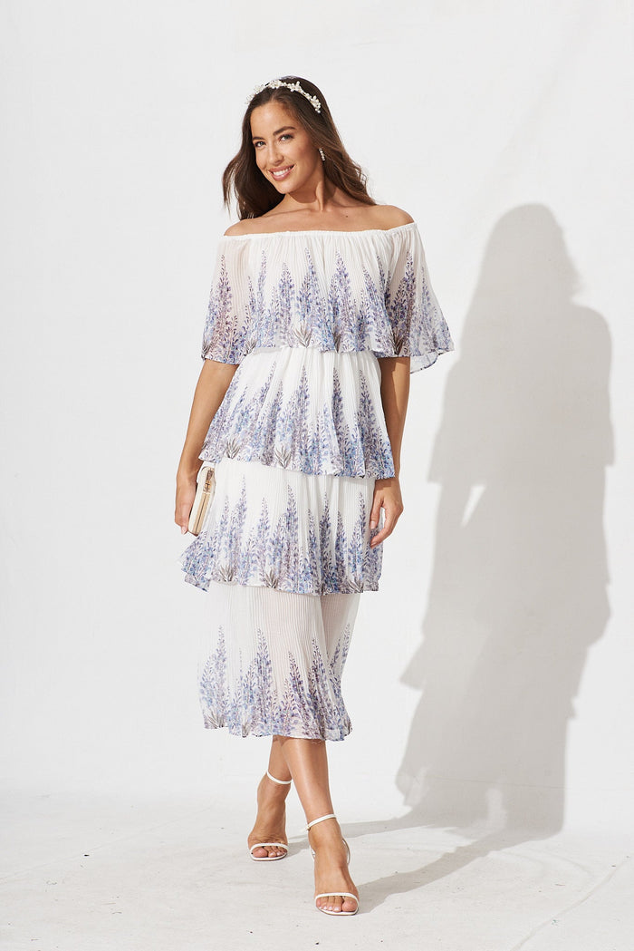 Scarlet Dress In White With Lavender Border Chiffon - full length