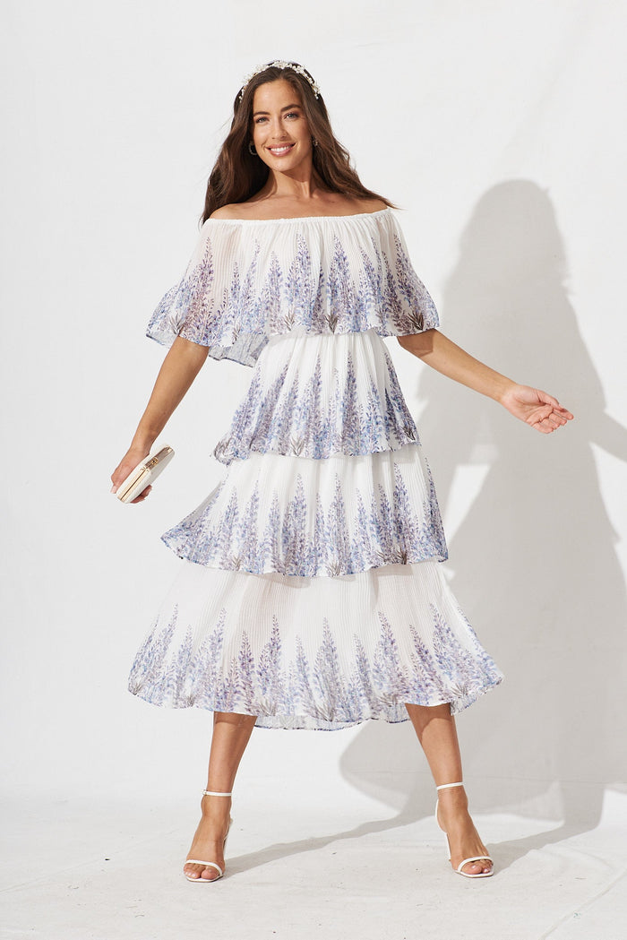 Scarlet Dress In White With Lavender Border Chiffon - full length
