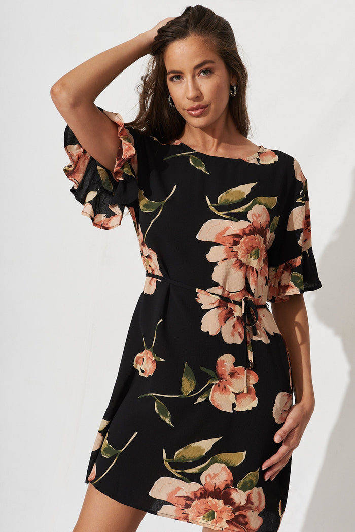 Slade Shift Dress With In Black With Blush Floral - front