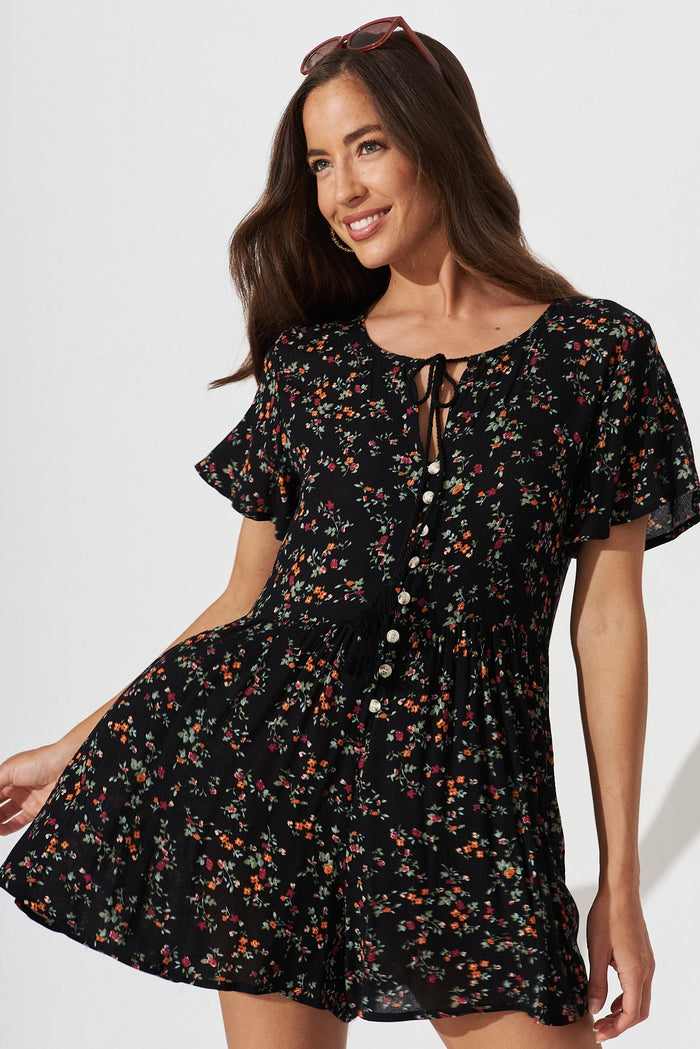 Anesty Playsuit In Black With Multi Ditsy Floral - front