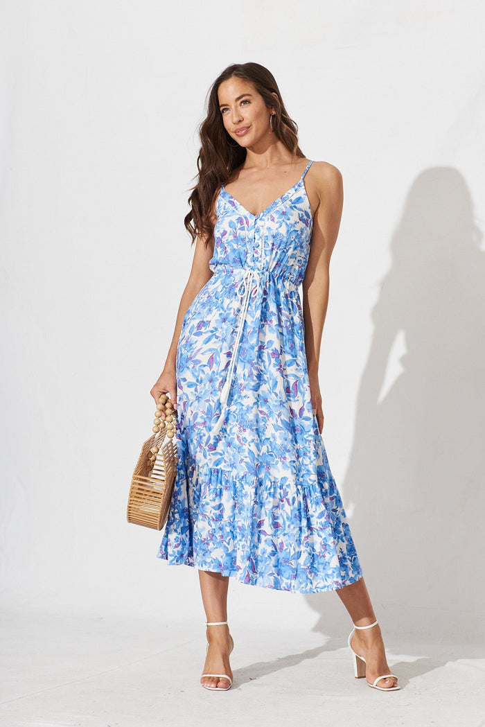 Regina Midi Dress In White With Blue Floral - full length