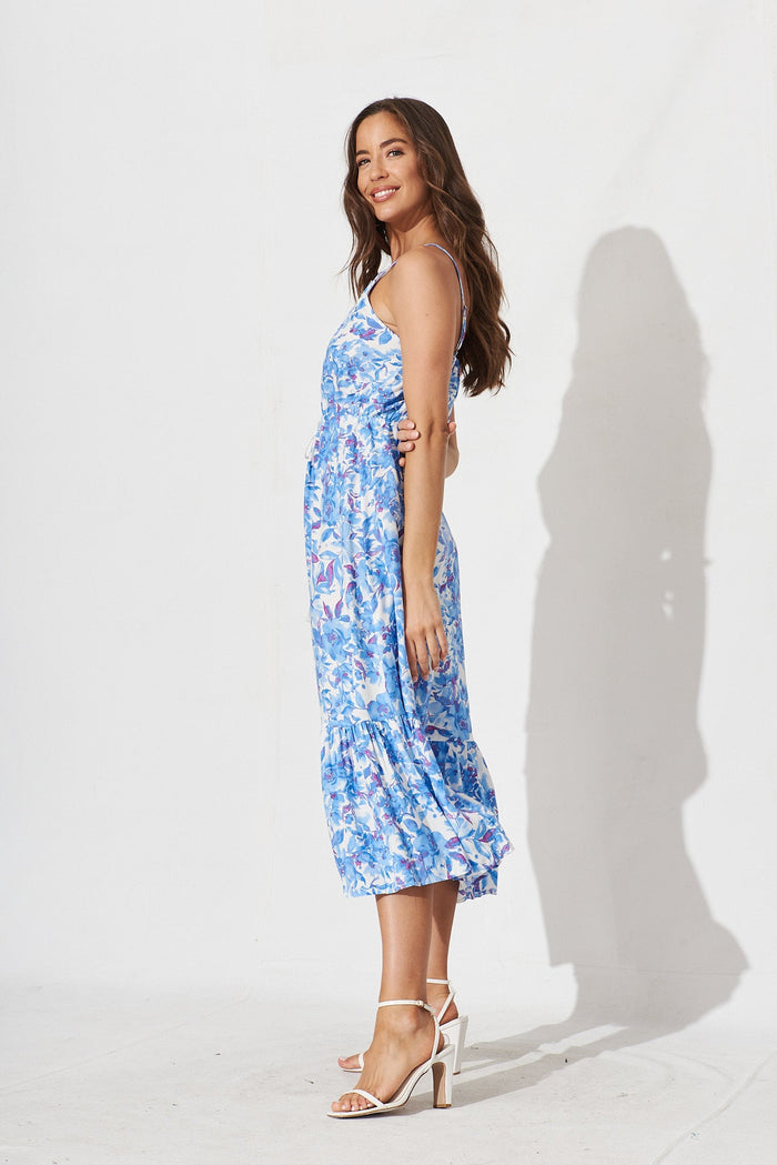 Regina Midi Dress In White With Blue Floral - side