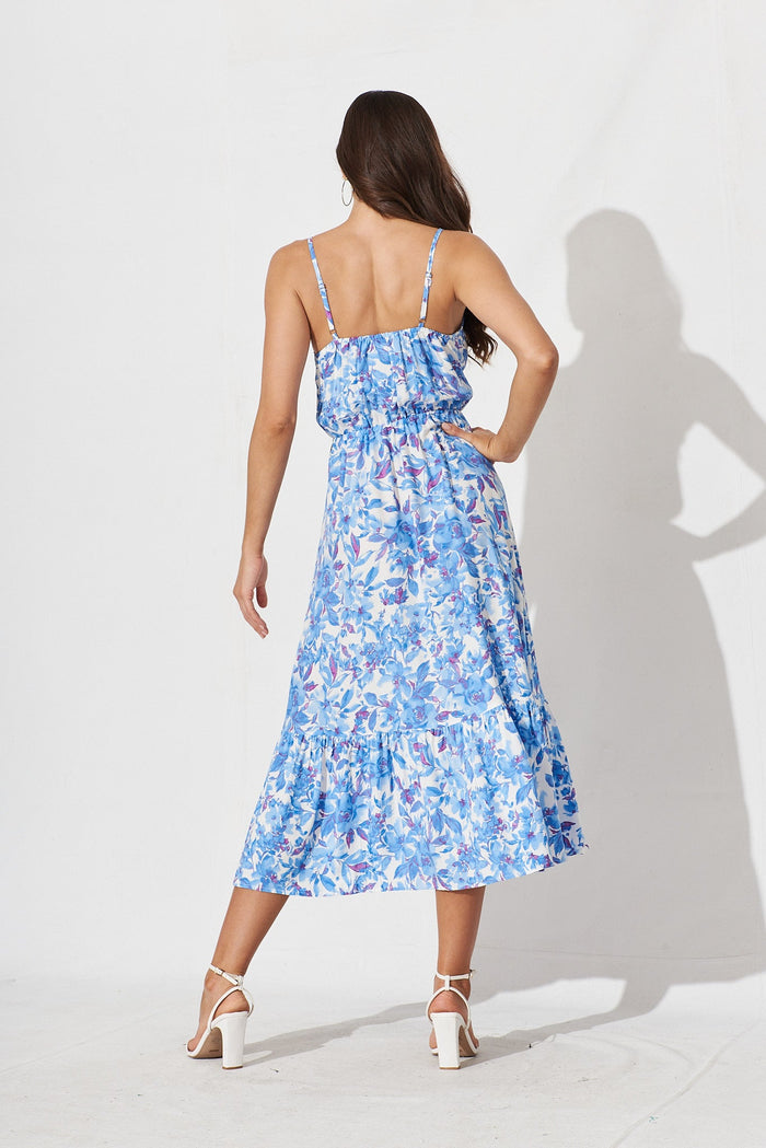 Regina Midi Dress In White With Blue Floral - back
