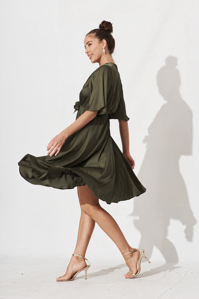Helsinki Dress In Olive Green Satin - side