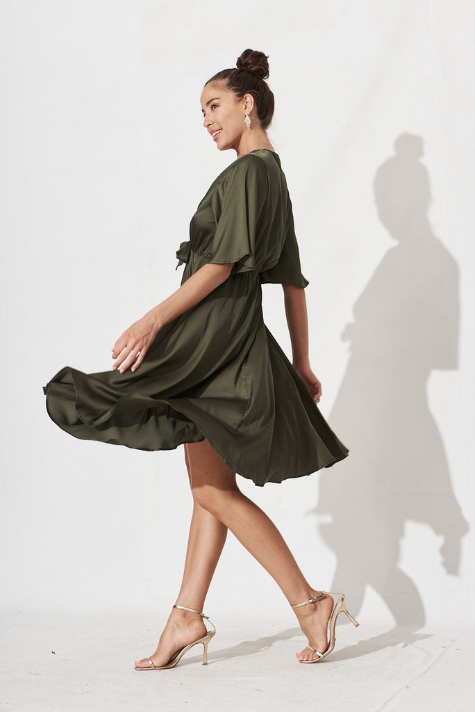 Helsinki Dress In Olive Green Satin - side