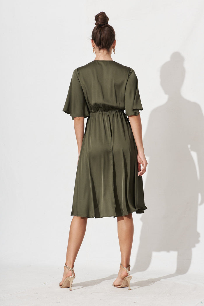 Helsinki Dress In Olive Green Satin - back