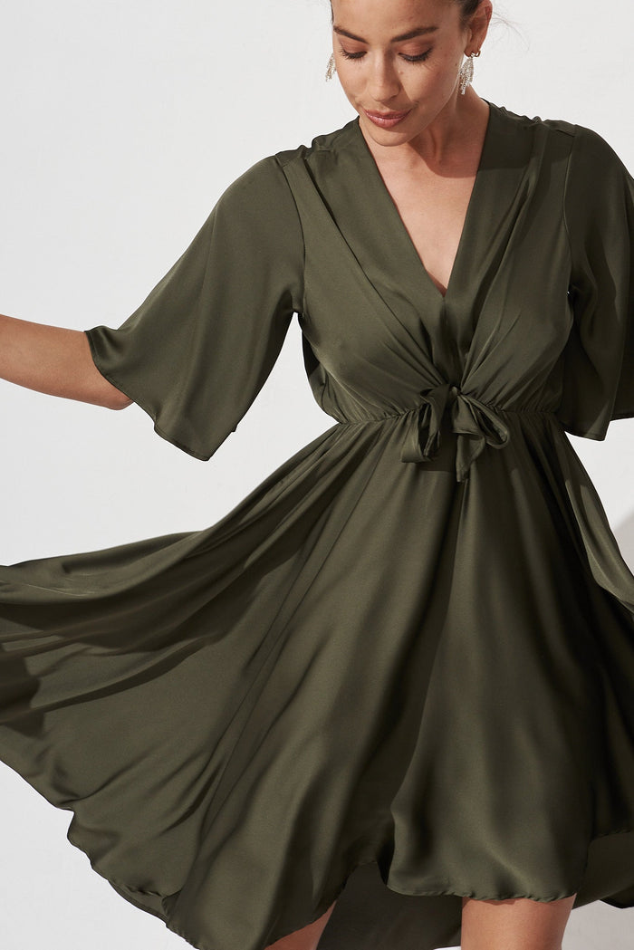 Helsinki Dress In Olive Green Satin - front
