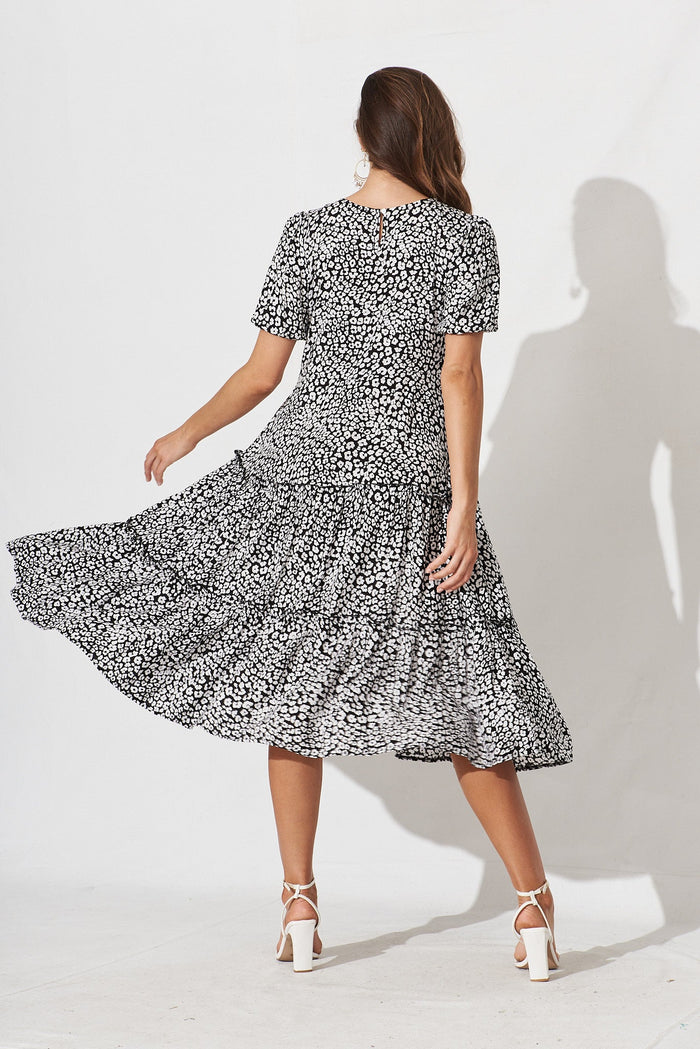 Jayra Midi Smock Dress In Black With White Print - back