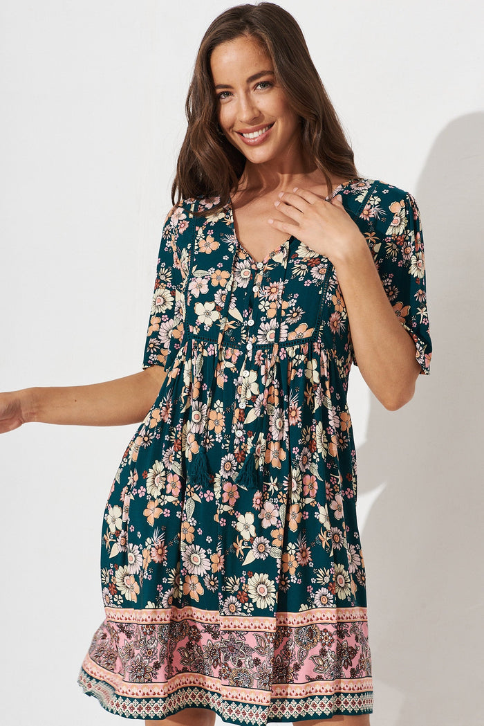 Shake It Out Smock Dress In Teal With Boho Floral - front