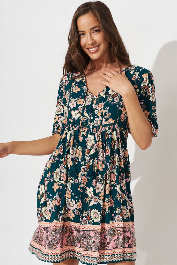 Shake It Out Smock Dress In Teal With Boho Floral - front