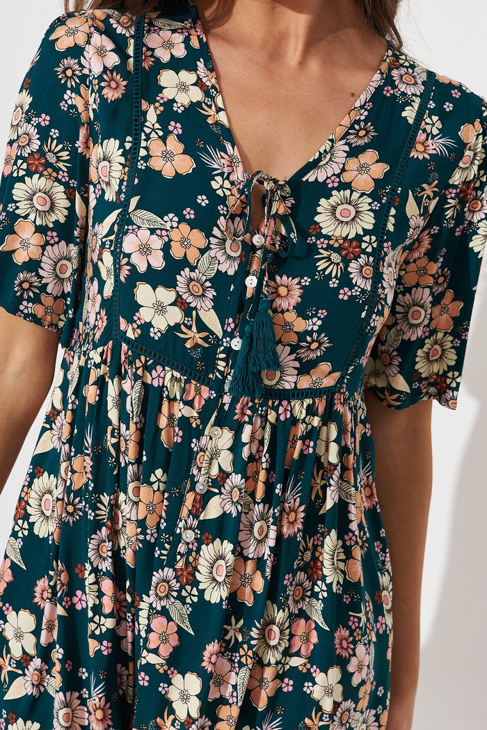 Shake It Out Smock Dress In Teal With Boho Floral - detail
