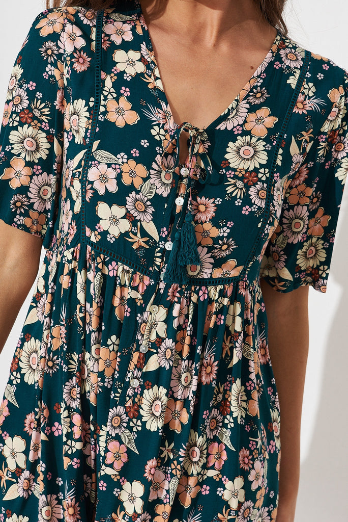 Shake It Out Smock Dress In Teal With Boho Floral - detail
