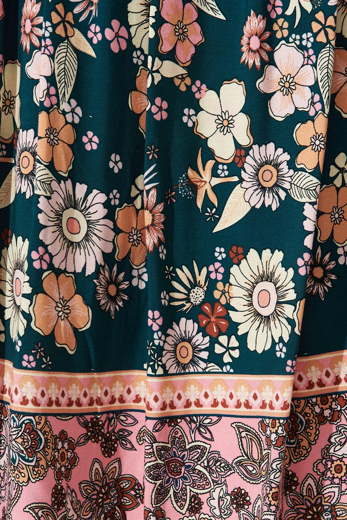 Shake It Out Smock Dress In Teal With Boho Floral - fabric