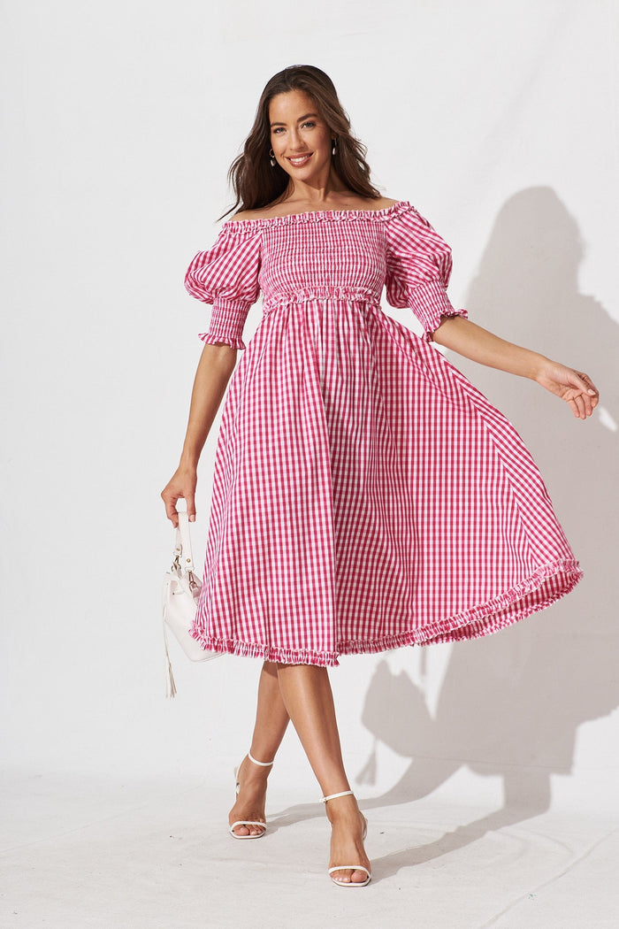 Karely Midi Dress In Hot Pink Gingham Cotton - full length