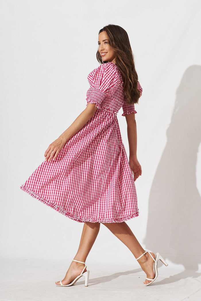 Karely Midi Dress In Hot Pink Gingham Cotton - side