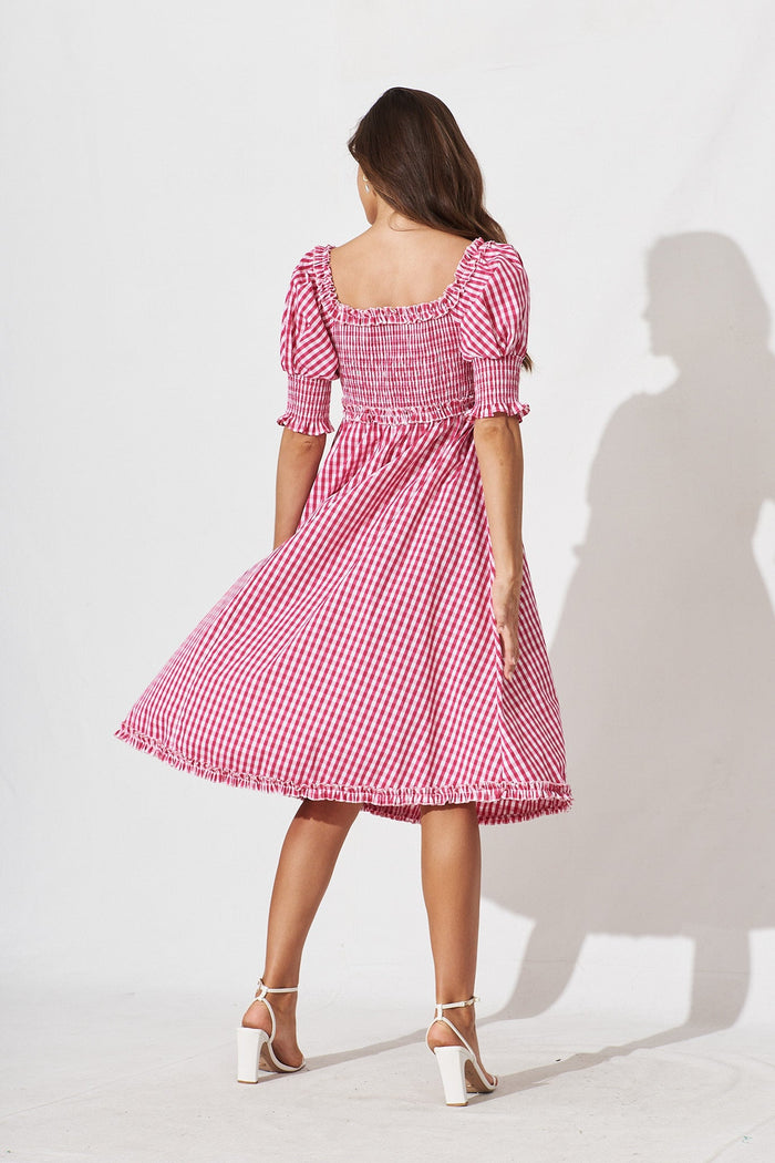 Karely Midi Dress In Hot Pink Gingham Cotton - back