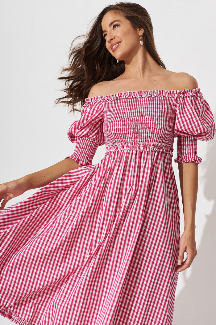 Karely Midi Dress In Hot Pink Gingham Cotton - front
