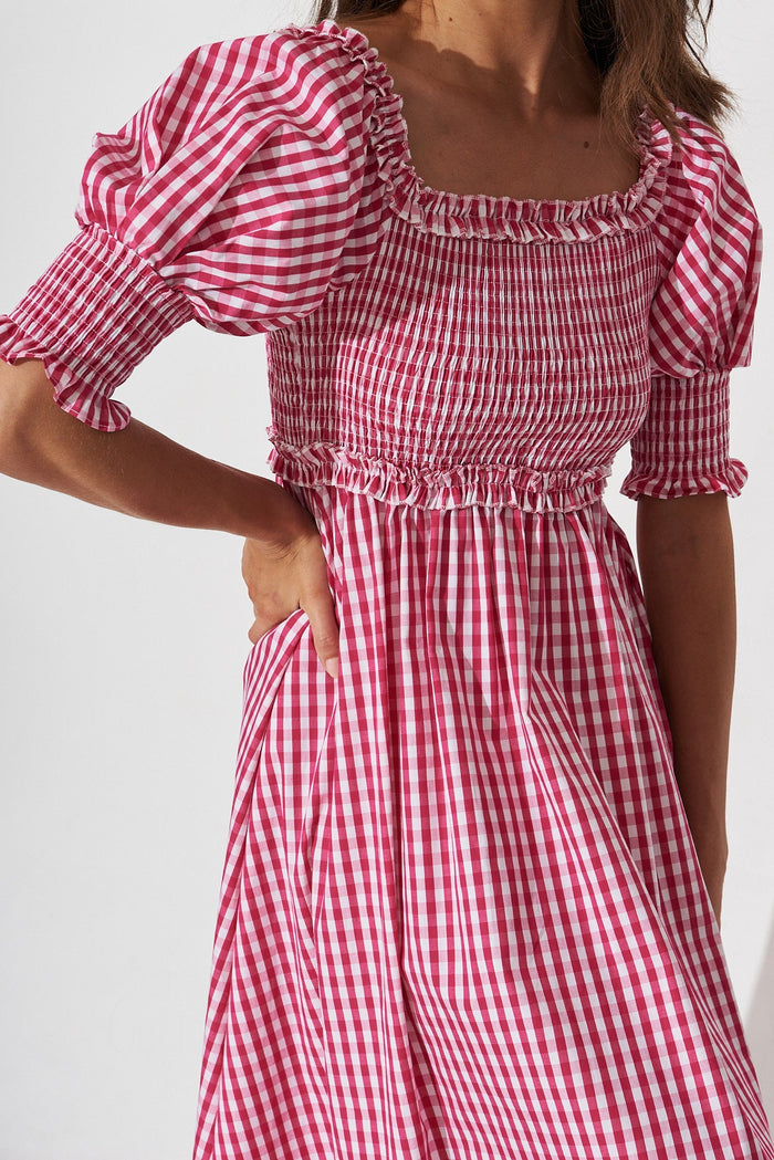 Karely Midi Dress In Hot Pink Gingham Cotton - detail