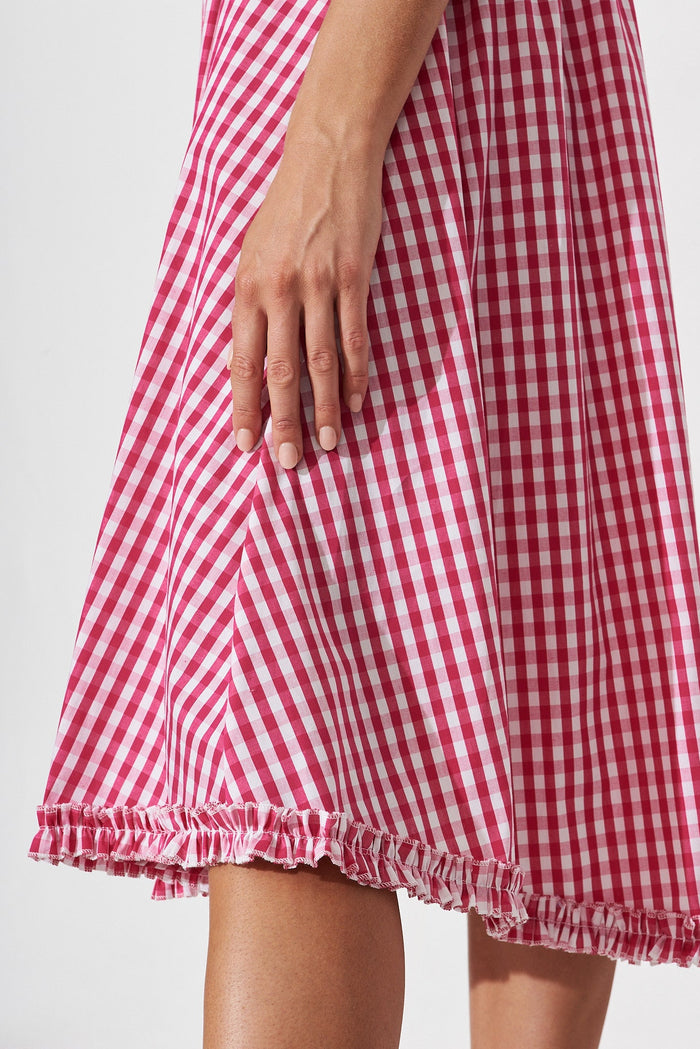Karely Midi Dress In Hot Pink Gingham Cotton - detail
