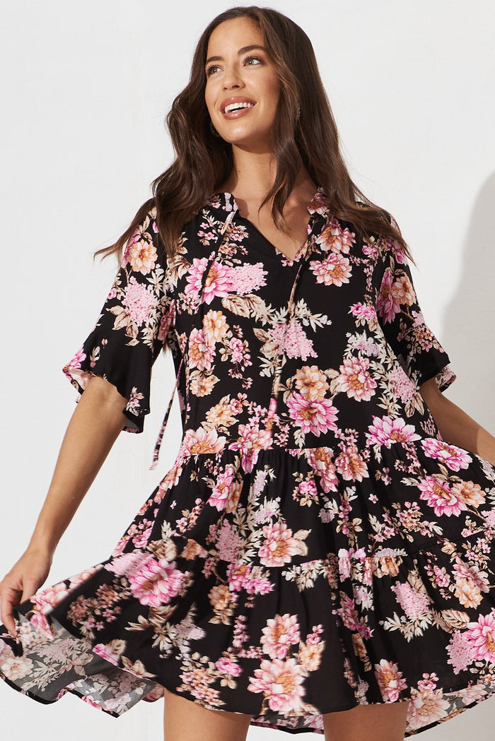 Kabrana Smock Dress In Black With Mauve Floral - front