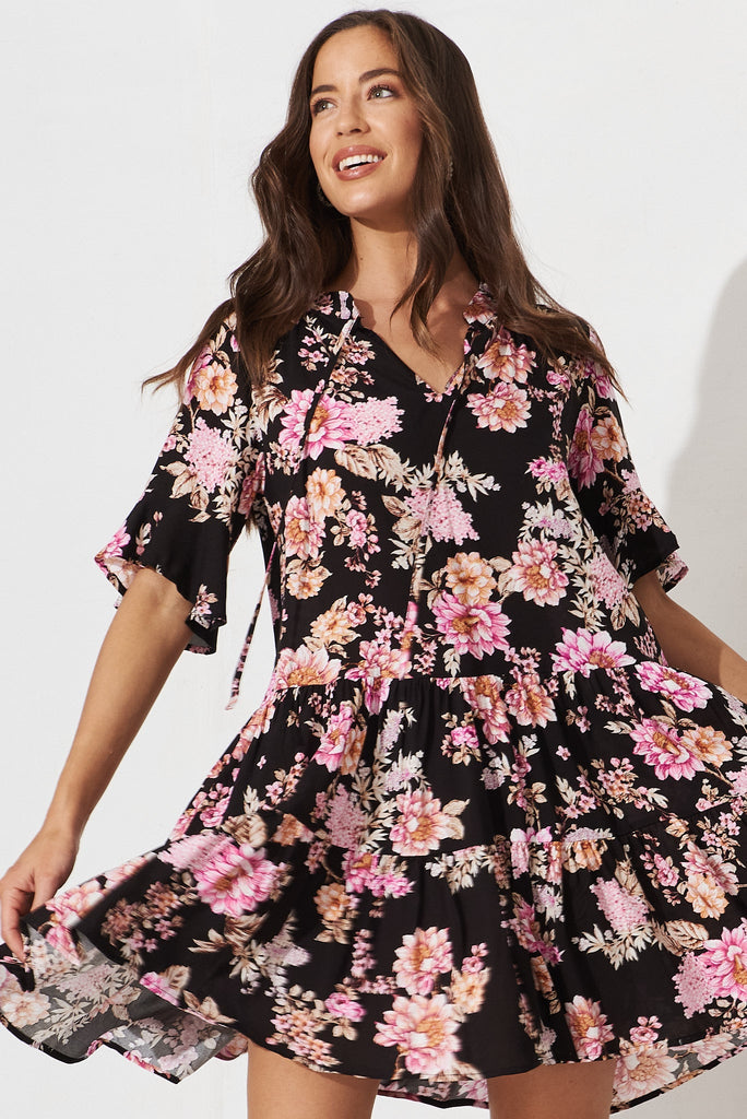 Kabrana Smock Dress In Black With Mauve Floral - front