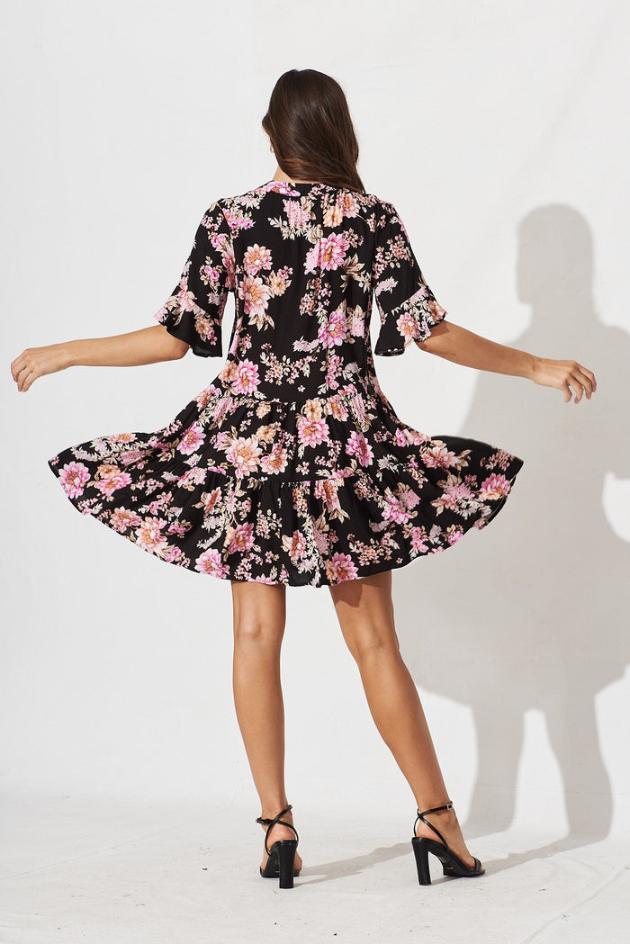 Kabrana Smock Dress In Black With Mauve Floral - back