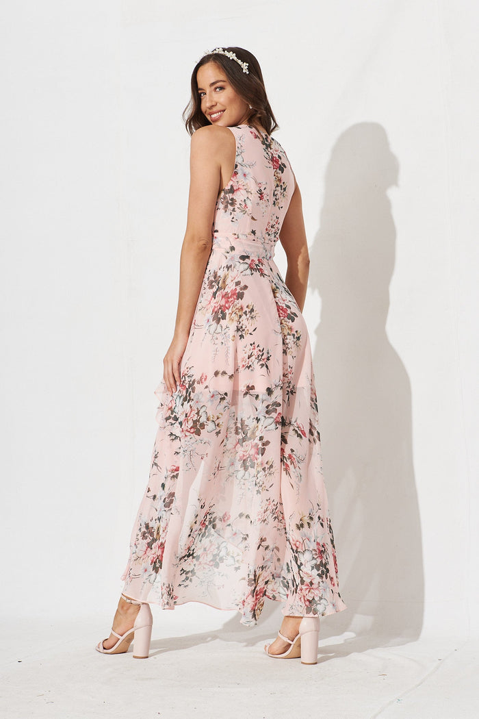 Desiree Maxi Dress In Blush With Pink And Blue Floral Chiffon - back