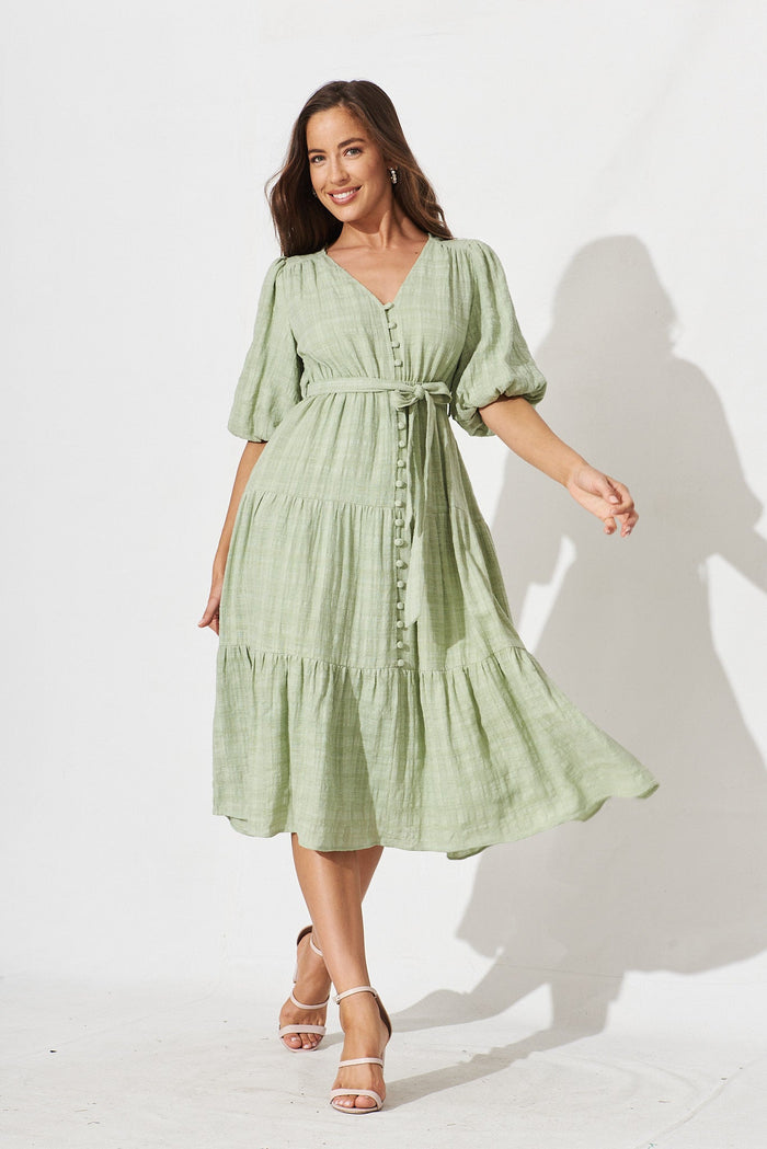 Delina Midi Dress In Sage Cotton - full length