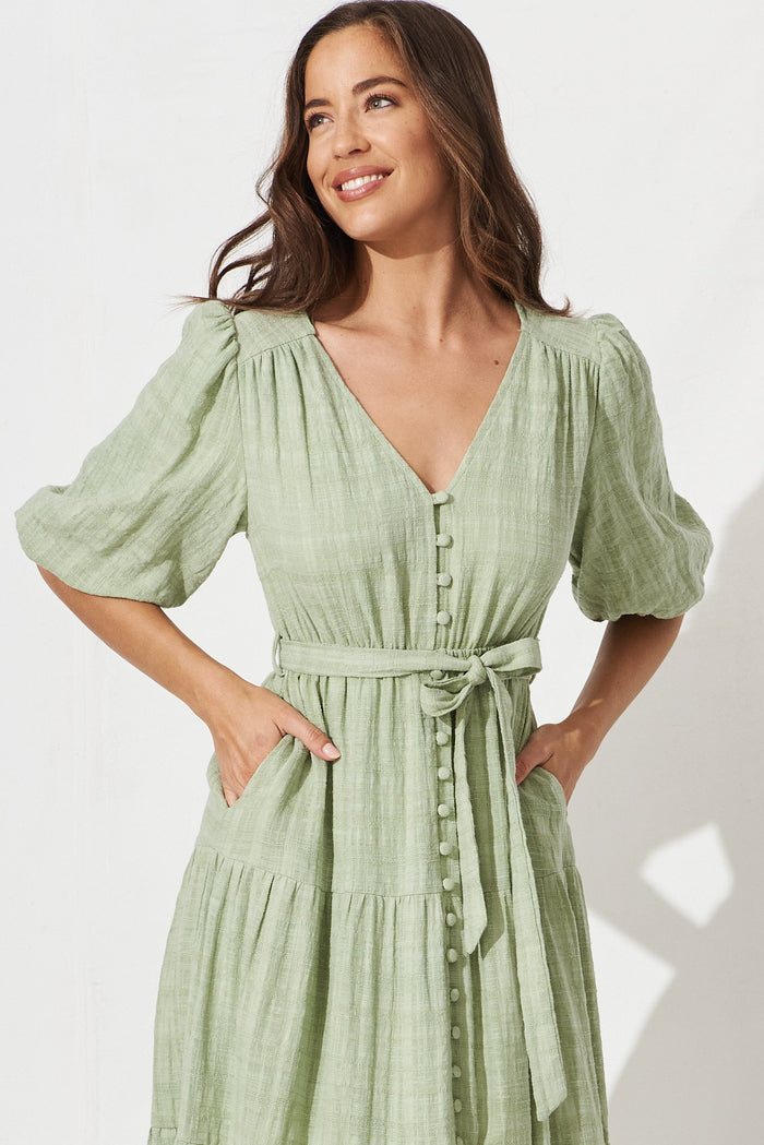Delina Midi Dress In Sage Cotton - front