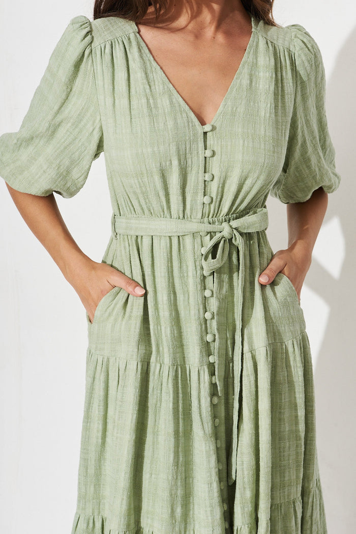 Delina Midi Dress In Sage Cotton - detail
