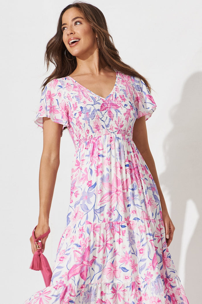 Nada Midi Dress In White With Purple Floral - front