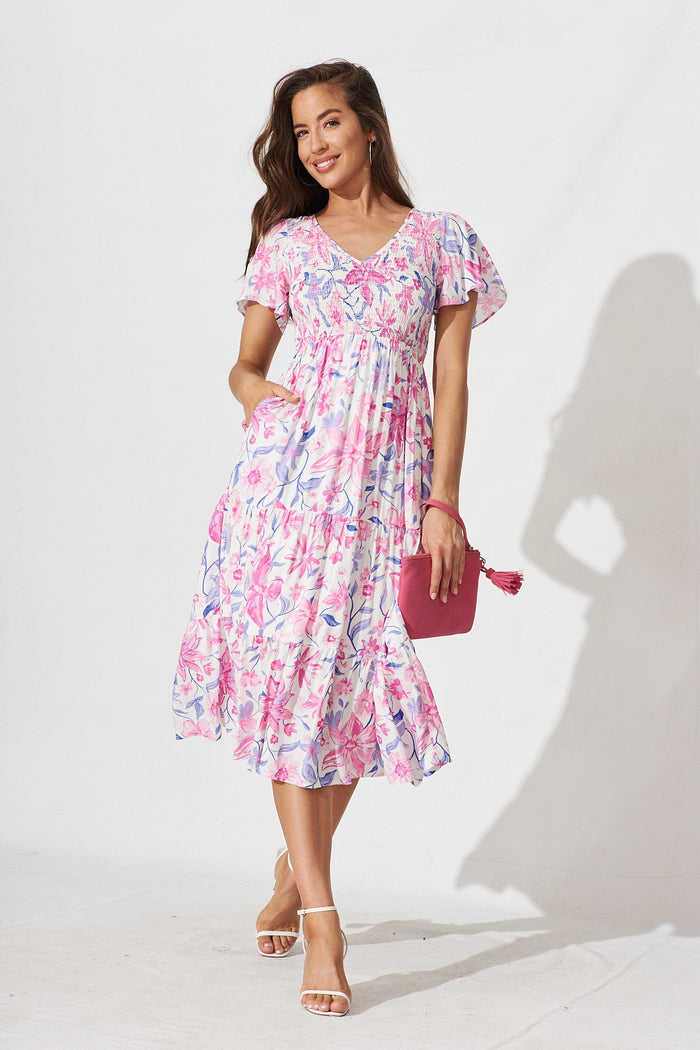 Nada Midi Dress In White With Purple Floral - full length