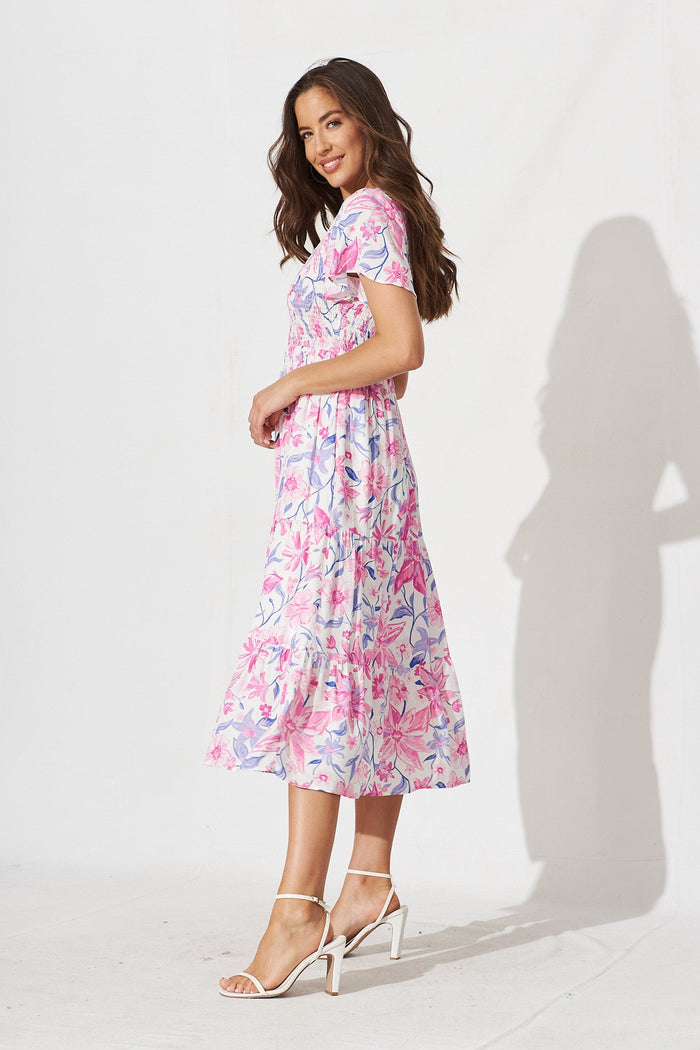 Nada Midi Dress In White With Purple Floral - side