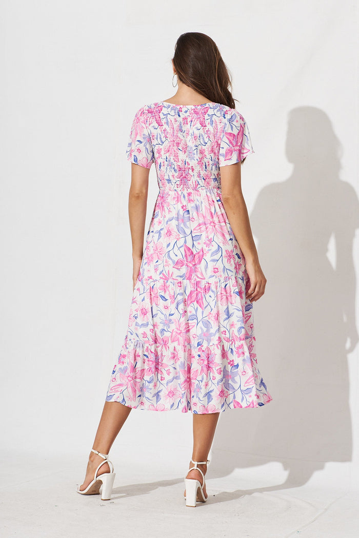 Nada Midi Dress In White With Purple Floral - back