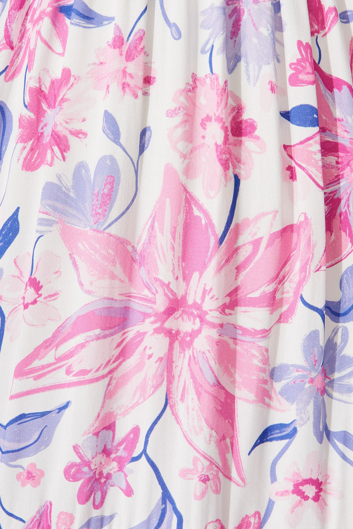 Nada Midi Dress In White With Purple Floral - fabric