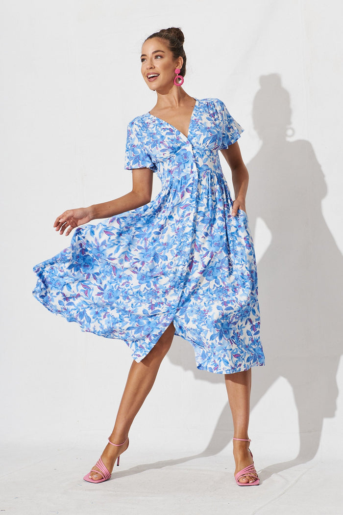 Arlia Midi Dress In White With Blue Floral - St Frock (Dev)