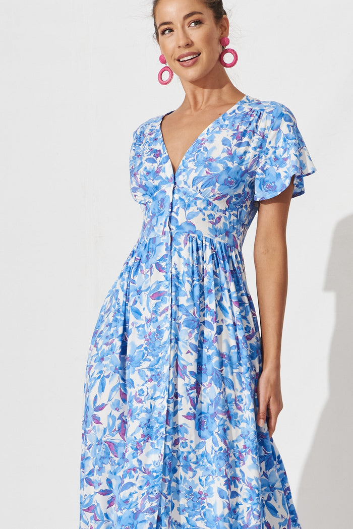 Arlia Midi Dress In White With Blue Floral - St Frock (Dev)